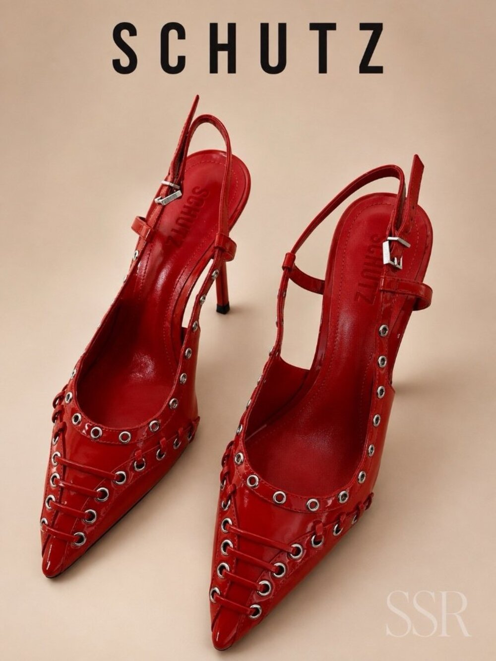 Schutz Ruth Patent Leather Pumps Flame Scar Red Grommet Pointed Toe NWOB 8B